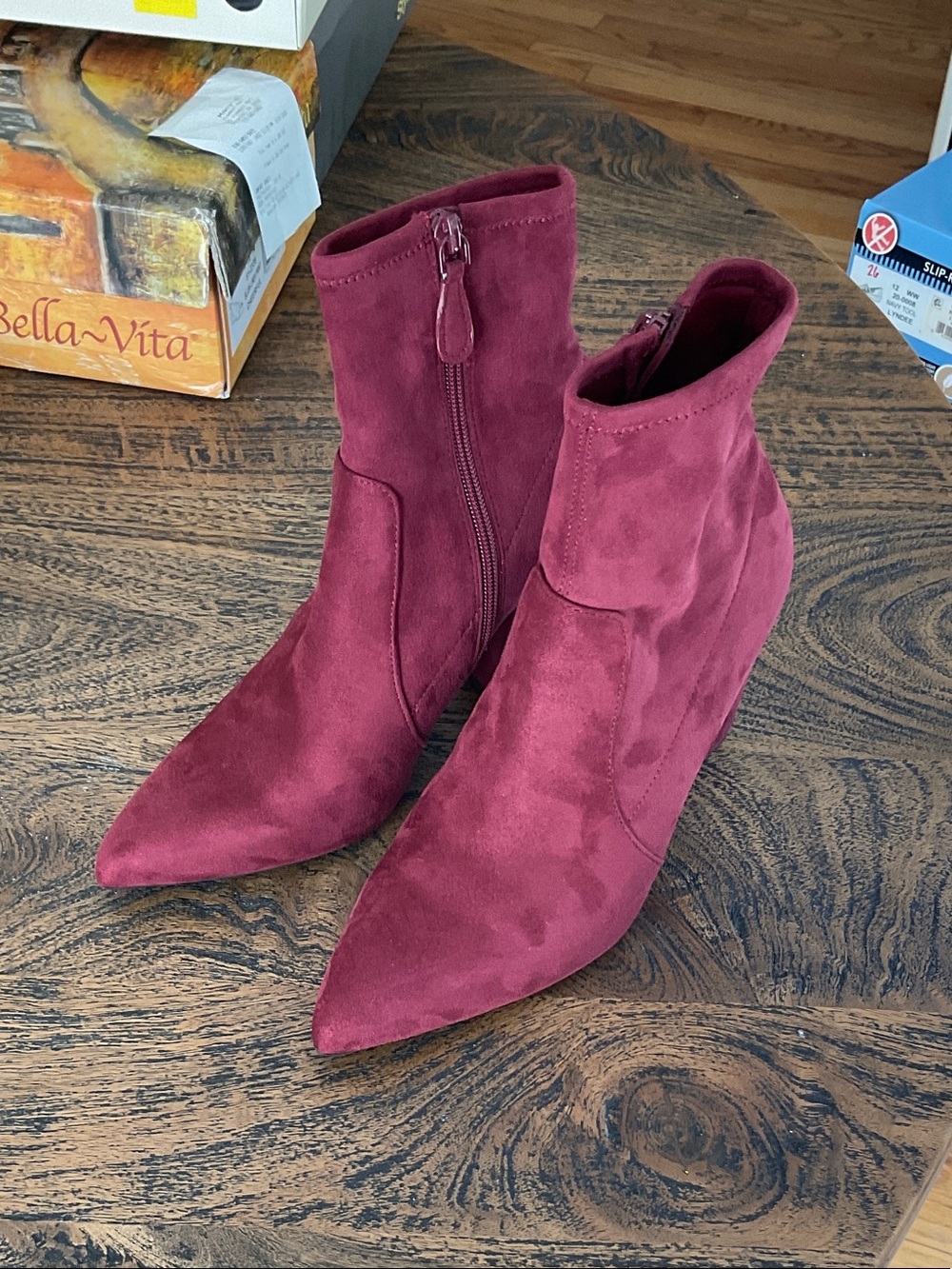 Pointed-Toe Burgundy Suede Ankle Booties with Block Heel